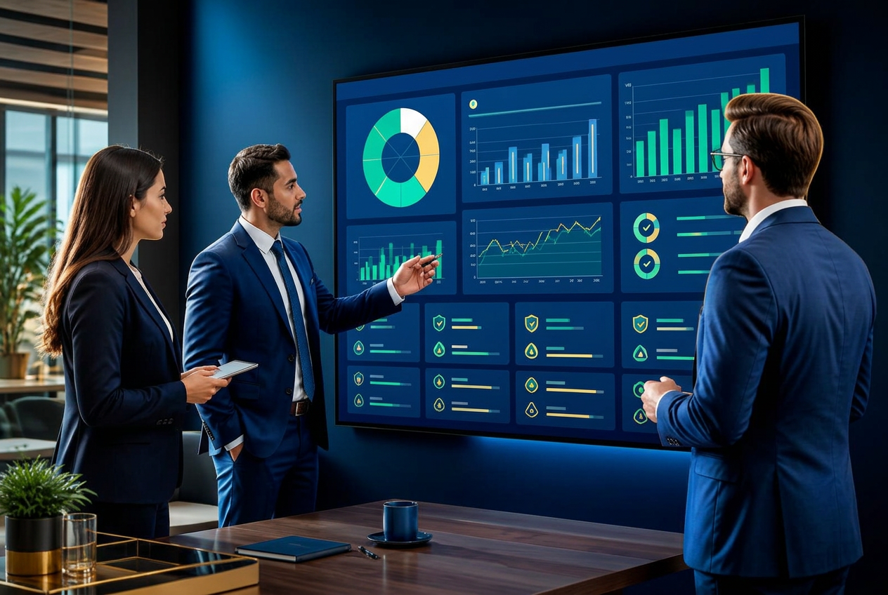 Compliance leaders reviewing a ComplianceGov program dashboard